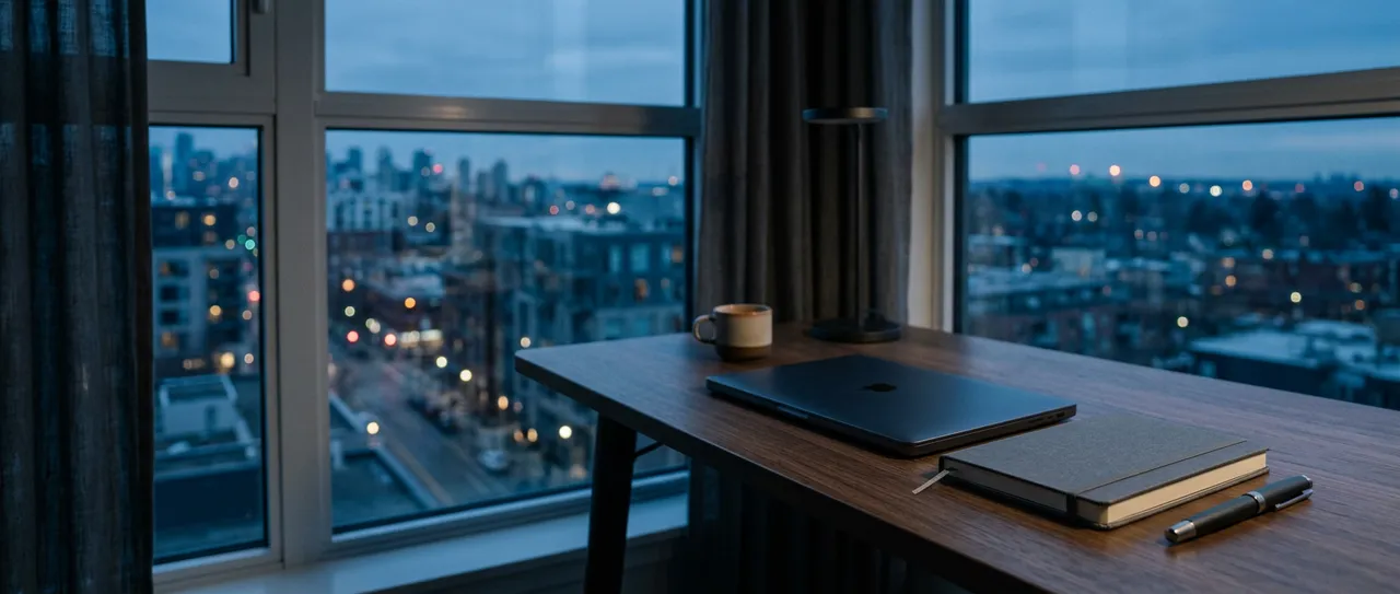 A desk beside a city window, representing managed website hosting, domains and business email