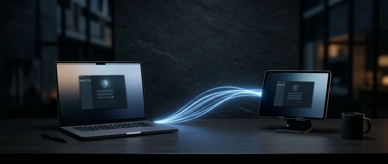 A laptop and tablet linked by a light trail, representing a secure remote IT support session