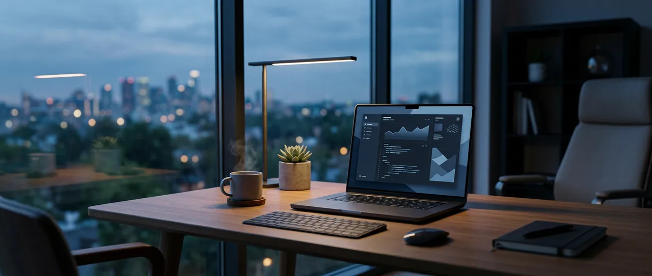 A workstation at dusk, representing custom website design and development